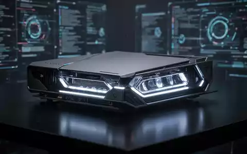 Nahaufnahme einer futuristischen Spielkonsole oder High-End-PC-Komponente mit leuchtenden Innenlichtern auf einer dunklen, reflektierenden Oberfläche. - Foto: über boerse-global.de