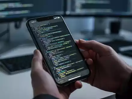 Nahaufnahme eines iPhone-Bildschirms mit Codezeilen, gehalten von einem Entwickler, verschwommener Tech-Arbeitsplatz im Hintergrund. - Foto: über boerse-global.de
