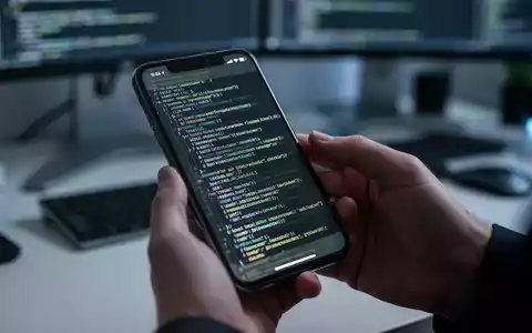 Nahaufnahme eines iPhone-Bildschirms mit Codezeilen, gehalten von einem Entwickler, verschwommener Tech-Arbeitsplatz im Hintergrund. - Foto: über boerse-global.de