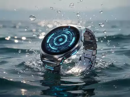 Schlanke, metallene Smartwatch mit leuchtendem Bildschirm, die aus dem Ozean auftaucht, umgeben von Blasen. - Foto: über boerse-global.de