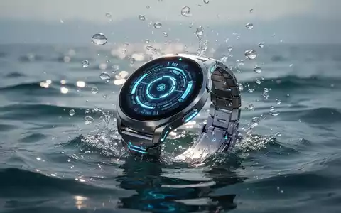 Schlanke, metallene Smartwatch mit leuchtendem Bildschirm, die aus dem Ozean auftaucht, umgeben von Blasen. - Foto: über boerse-global.de