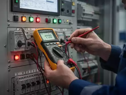 Nahaufnahme der Hände eines Elektrotechnikers, der mit einem Multimeter eine Sicherheitsprüfung an einem Schaltschrank durchführt. - Foto: über boerse-global.de