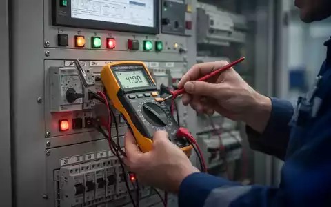 Nahaufnahme der Hände eines Elektrotechnikers, der mit einem Multimeter eine Sicherheitsprüfung an einem Schaltschrank durchführt. - Foto: über boerse-global.de
