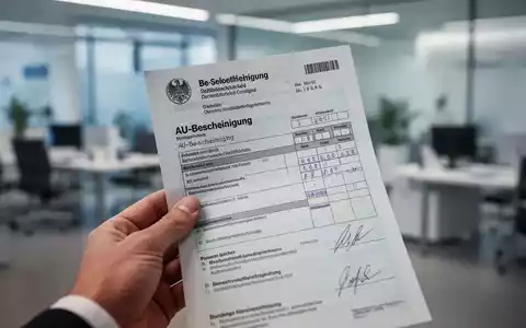 Nahaufnahme einer Hand, die eine deutsche Krankschreibung oder ein Rezept hält, mit unscharfem Hintergrund eines Büros. - Foto: über boerse-global.de