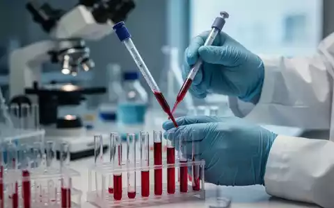 Nahaufnahme der Hände eines Wissenschaftlers, der eine Blutprobe pipettiert, mit Laborgeräten im Hintergrund, symbolisiert medizinische Forschung. - Foto: über boerse-global.de