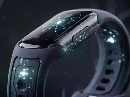 Nahaufnahme eines futuristischen Smartwatch-Armbands aus Silikon mit dezent leuchtenden biometrischen Sensoren. - Foto: über boerse-global.de