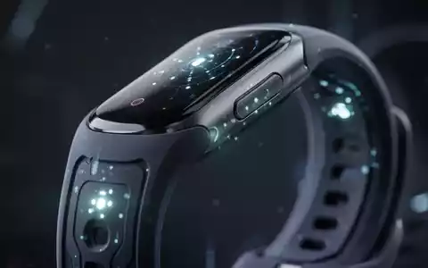 Nahaufnahme eines futuristischen Smartwatch-Armbands aus Silikon mit dezent leuchtenden biometrischen Sensoren. - Foto: über boerse-global.de