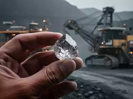 Nahaufnahme eines Germaniumkristalls in einer Hand mit einem Bergbauhintergrund. Der Kristall glänzt und reflektiert Licht. - Foto: über boerse-global.de