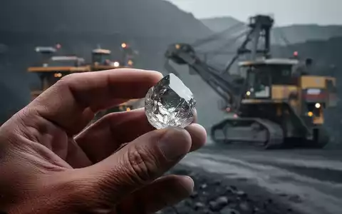 Nahaufnahme eines Germaniumkristalls in einer Hand mit einem Bergbauhintergrund. Der Kristall glänzt und reflektiert Licht. - Foto: über boerse-global.de