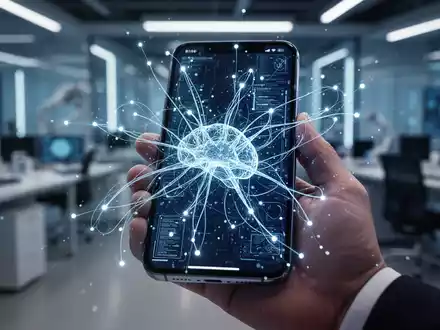 Smartphone-Bildschirm mit komplexem, leuchtendem KI-Neuronalnetz-Interface in einer Hand. - Foto: über boerse-global.de