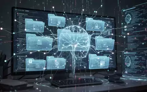 Leuchtendes neuronales Netz visualisiert KI-gestützte Dateiverwaltung mit effizient angeordneten digitalen Dokumenten und Ordnern auf futuristischem Interface. - Foto: über boerse-global.de