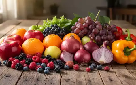 Eine Stillleben-Anordnung von frischen, bunten Früchten und Gemüse wie Äpfeln, Beeren, Orangen, Weintrauben, Zwiebeln und Paprika auf einem Holztisch. - Foto: über boerse-global.de