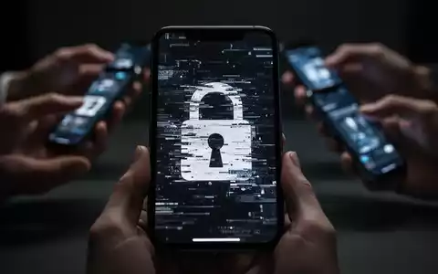 Ein Smartphone-Bildschirm zeigt ein verzerrtes Vorhängeschloss-Symbol, im Hintergrund unscharfe Hände, die nach Smartphones greifen. Symbolisiert mobile Betrugsmaschen. - Foto: über boerse-global.de