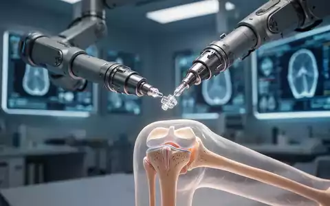 Ein robotergesteuerter Arm hält präzise ein Kniegelenkimplantat über einem transparenten Kniemodell in einem Operationssaal. - Foto: über boerse-global.de