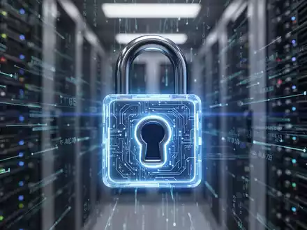 Leuchtend blaues digitales Vorhängeschloss vor Datenströmen und Serverracks, symbolisiert Datensicherheit und -verstöße. - Foto: über boerse-global.de