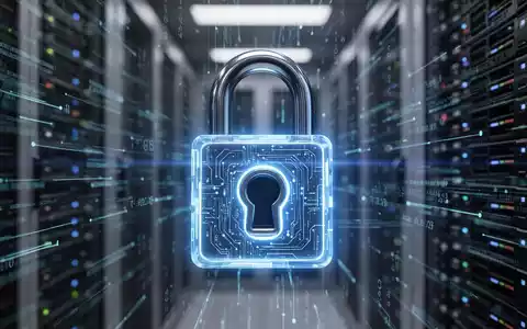 Leuchtend blaues digitales Vorhängeschloss vor Datenströmen und Serverracks, symbolisiert Datensicherheit und -verstöße. - Foto: über boerse-global.de