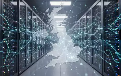 Abstraktes, futuristisches Bild mit leuchtenden Serverracks und Netzwerkverbindungen ĂŒber einer unscharfen Karte des Vereinigten Königreichs. - Foto: ĂŒber boerse-global.de