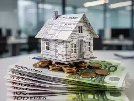 Ein detailliertes Modellhaus aus Steuerformularen und Münzen, das auf einem Stapel deutscher Euro-Banknoten steht und finanzielle Belastung symbolisiert. - Foto: über boerse-global.de