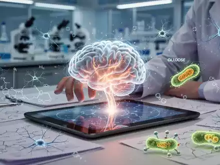 Eine Hand, die nach einer leuchtenden Gehirn-Illustration auf einem Tablet greift, umgeben von wissenschaftlichen Notizen und Diagrammen. - Foto: über boerse-global.de