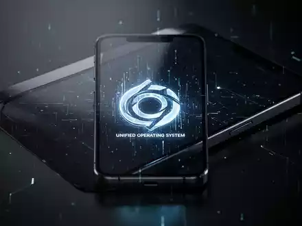 Nahaufnahme eines Smartphone-Bildschirms mit glühendem, abstraktem Unified-OS-Logo, das Software-Konsolidierung symbolisiert. - Foto: über boerse-global.de