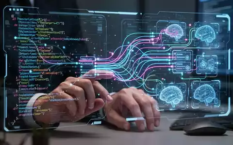 Entwicklerhände interagieren mit holografischer Oberfläche, die abstrakte Codeflüsse und KI-generierte Module zeigt. - Foto: über boerse-global.de