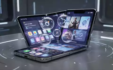 Modernes faltbares Smartphone mit mehreren App-Fenstern und schwebenden App-Bubbles auf dem großen Innenbildschirm, Multitasking darstellend. - Foto: über boerse-global.de