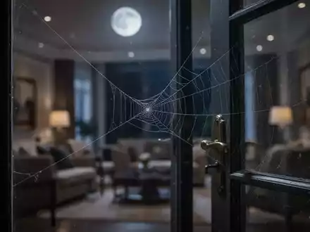 Ein einzelner Spinnenfaden, der subtil an einem leicht geöffneten Fensterrahmen befestigt ist, beleuchtet vom Mondlicht. - Foto: über boerse-global.de
