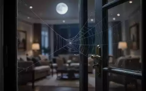 Ein einzelner Spinnenfaden, der subtil an einem leicht geöffneten Fensterrahmen befestigt ist, beleuchtet vom Mondlicht. - Foto: über boerse-global.de