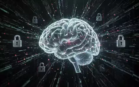 Leuchtendes, abstraktes KI-Gehirn mit Datenströmen und Vorhängeschloss-Symbolen, symbolisiert autonomen Ransomware-Angriff. - Foto: über boerse-global.de