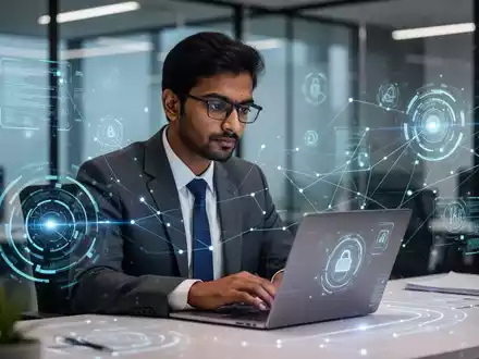 Ein indischer Berufstätiger arbeitet an einem Laptop in einem modernen Büro, umgeben von subtilen digitalen Schnittstellen, die KI-Lernen symbolisieren. - Foto: über boerse-global.de