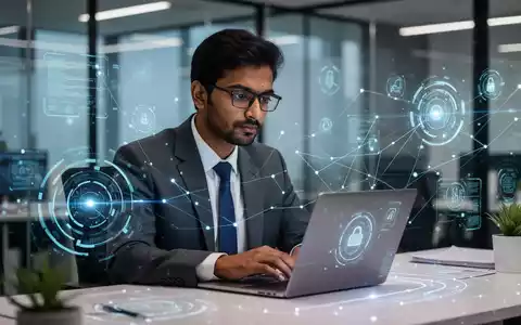 Ein indischer Berufstätiger arbeitet an einem Laptop in einem modernen Büro, umgeben von subtilen digitalen Schnittstellen, die KI-Lernen symbolisieren. - Foto: über boerse-global.de