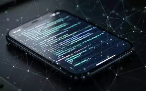 Nahaufnahme eines Smartphone-Bildschirms mit abstrakten grünen und blauen Codezeilen und einem Netzwerkgitter, die digitale Sicherheit und Hacking symbolisieren. - Foto: über boerse-global.de