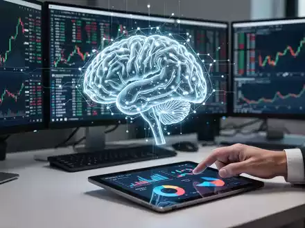 Leuchtendes KI-Gehirn-Symbol über modernem Finanzhandelsplatz mit Datenmonitoren, Symbol für KI im Finanzwesen. - Foto: über boerse-global.de