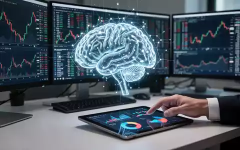 Leuchtendes KI-Gehirn-Symbol über modernem Finanzhandelsplatz mit Datenmonitoren, Symbol für KI im Finanzwesen. - Foto: über boerse-global.de