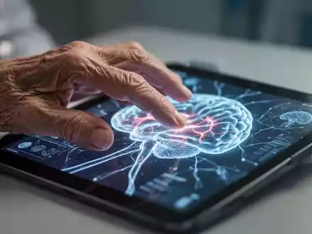 Nahaufnahme der Hand einer älteren Person, die ein Tablet mit neurologischen Mustern berührt, symbolisiert Demenzdiagnostik. - Foto: über boerse-global.de