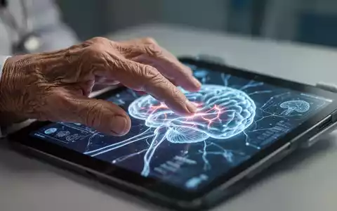 Nahaufnahme der Hand einer älteren Person, die ein Tablet mit neurologischen Mustern berührt, symbolisiert Demenzdiagnostik. - Foto: über boerse-global.de