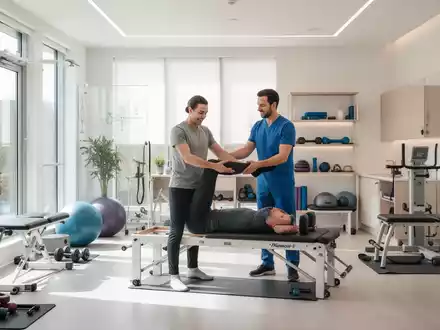 Innenansicht einer modernen Physiotherapiepraxis mit einem Therapeuten, der einen Patienten an Geräten anleitet. - Foto: über boerse-global.de