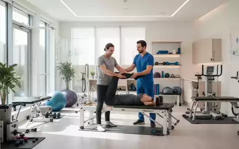 Innenansicht einer modernen Physiotherapiepraxis mit einem Therapeuten, der einen Patienten an Geräten anleitet. - Foto: über boerse-global.de