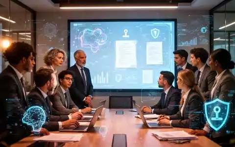 Mitarbeiter in einem modernen Büro nehmen an einer Schulung zu Cybersicherheit und KI-Gesetzen teil, mit digitaler Anzeige von Daten und Rechtssymbolen. - Foto: über boerse-global.de