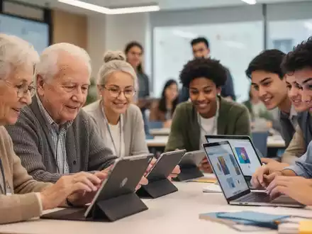 Eine diverse Gruppe von Senioren und jungen Berufstätigen lernt digitale Fähigkeiten in einem modernen Klassenzimmer. - Foto: über boerse-global.de