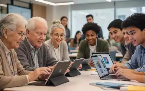 Eine diverse Gruppe von Senioren und jungen Berufstätigen lernt digitale Fähigkeiten in einem modernen Klassenzimmer. - Foto: über boerse-global.de