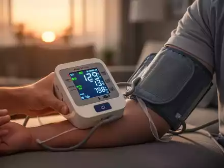 Eine Hand hält eine Blutdruckmanschette um den Oberarm, ein digitales Display zeigt normale Werte an. Hintergrund ist ein ruhiges Zuhause. - Foto: über boerse-global.de