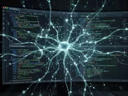 Stilisierte neuronale Netzstruktur, die mit einer Kommandozeile auf einem Bildschirm verschmilzt – Symbol für KI-Kontext und effizientes Datenmanagement. - Foto: über boerse-global.de
