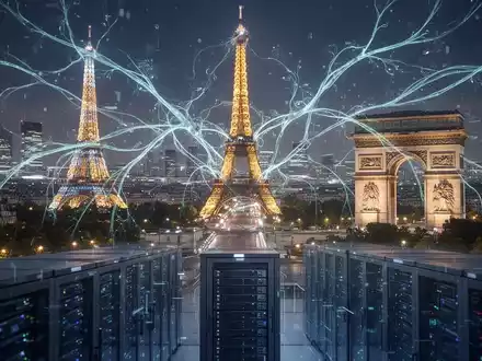 Futuristische Pariser Skyline bei Nacht mit digitalen neuronalen Pfaden, die Wahrzeichen verbinden, und angedeuteter KI-Infrastruktur im Vordergrund. - Foto: über boerse-global.de
