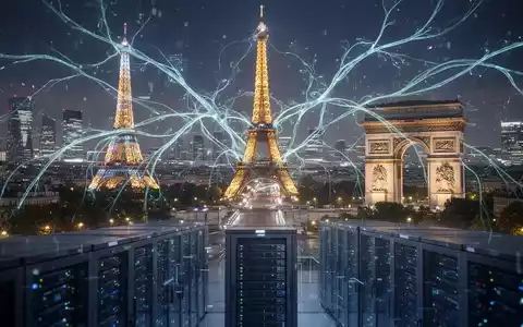 Futuristische Pariser Skyline bei Nacht mit digitalen neuronalen Pfaden, die Wahrzeichen verbinden, und angedeuteter KI-Infrastruktur im Vordergrund. - Foto: über boerse-global.de