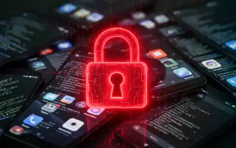 Ein bedrohlich rot leuchtendes digitales Schlosssymbol über verschwommenen Android-Smartphone-Bildschirmen mit App-Symbolen und Code. - Foto: über boerse-global.de