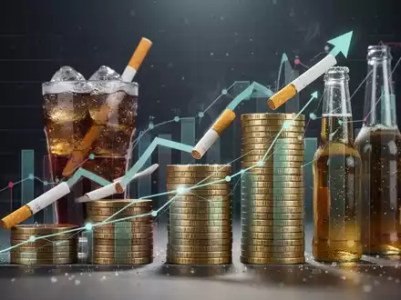 Eine grafische Darstellung von steigenden Steuern auf ungesunde Produkte und Alkohol mit Münzen und stilisierten Abbildungen von Genussmitteln. - Foto: über boerse-global.de