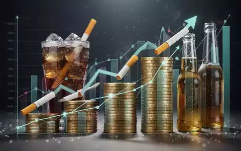 Eine grafische Darstellung von steigenden Steuern auf ungesunde Produkte und Alkohol mit Münzen und stilisierten Abbildungen von Genussmitteln. - Foto: über boerse-global.de
