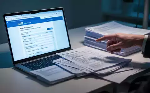 Nahaufnahme eines Desktops mit Laptop, der das Elster-Steuerportal zeigt, und einem Stapel deutscher Steuerformulare. - Foto: über boerse-global.de