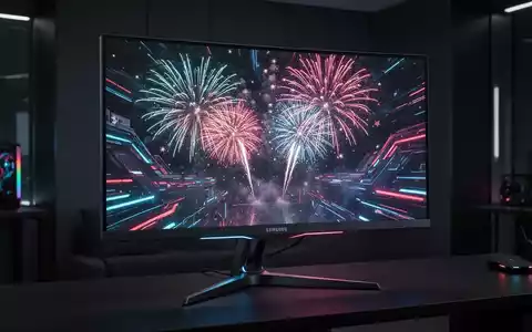 Schlanker Samsung Gaming-Monitor mit bunten Grafiken, dezente Feuerwerksreflexionen zum 4. Juli, in modernem, dunklem Raum. - Foto: über boerse-global.de